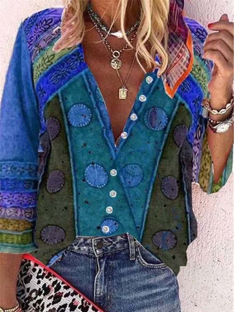 Damen Vintage Colorblock Print Stehkragen Langarm-knopfhemd
