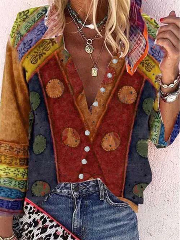 Damen Vintage Colorblock Print Stehkragen Langarm-knopfhemd