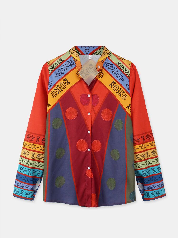 Damen Vintage Colorblock Print Stehkragen Langarm-knopfhemd