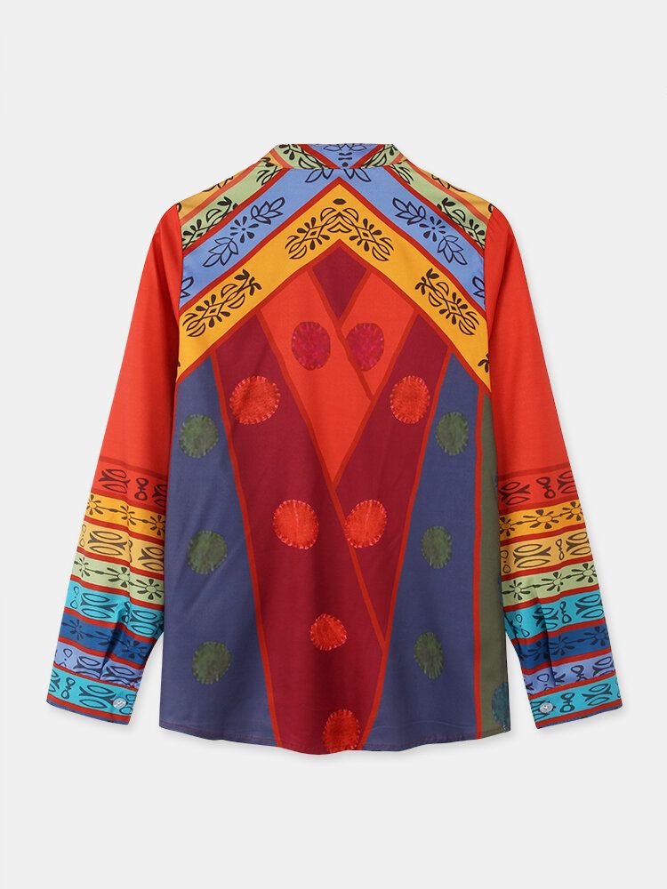 Damen Vintage Colorblock Print Stehkragen Langarm-knopfhemd