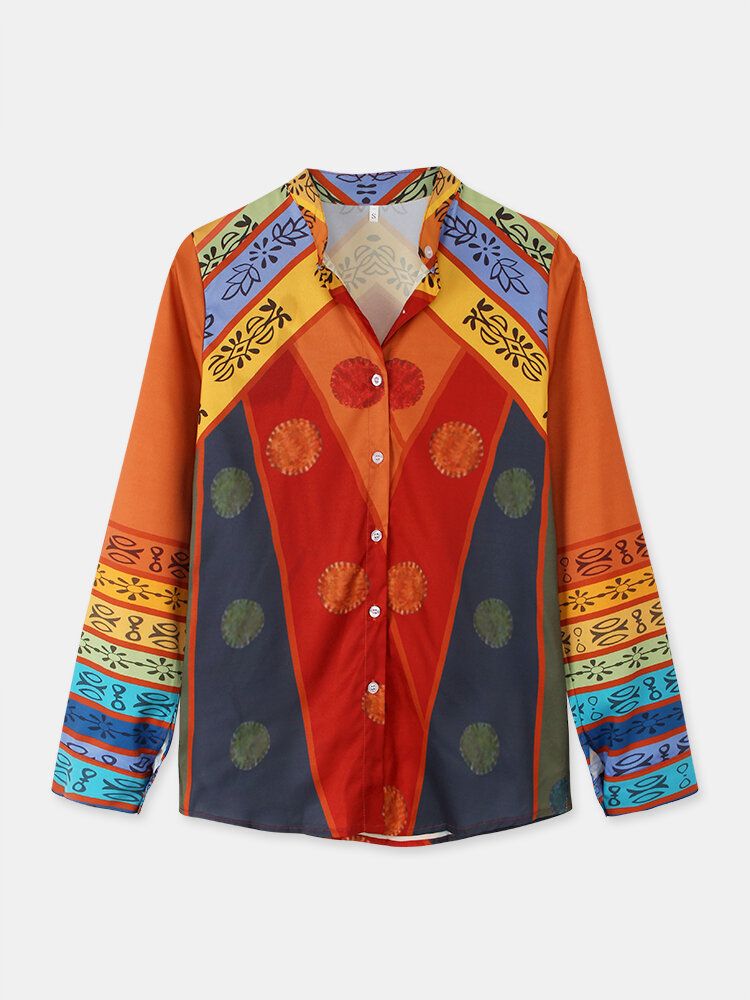 Damen Vintage Colorblock Print Stehkragen Langarm-knopfhemd
