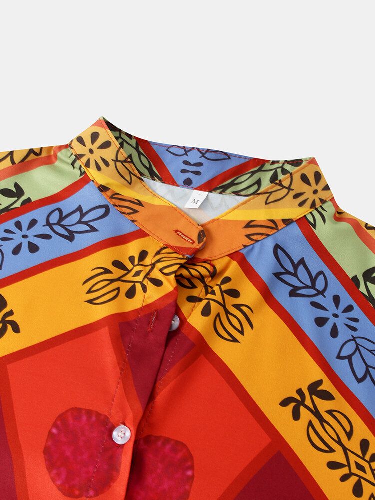 Damen Vintage Colorblock Print Stehkragen Langarm-knopfhemd